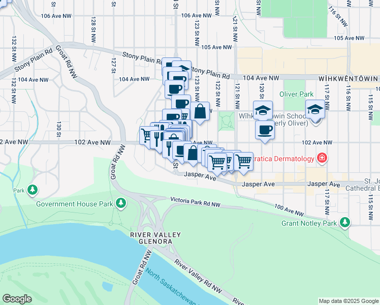 map of restaurants, bars, coffee shops, grocery stores, and more near 10138 123 Street Northwest in Edmonton