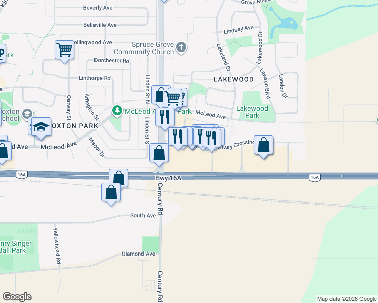 map of restaurants, bars, coffee shops, grocery stores, and more near 131 Century Crossing in Spruce Grove