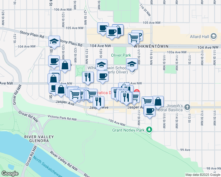 map of restaurants, bars, coffee shops, grocery stores, and more near 10172 119 Street Northwest in Edmonton