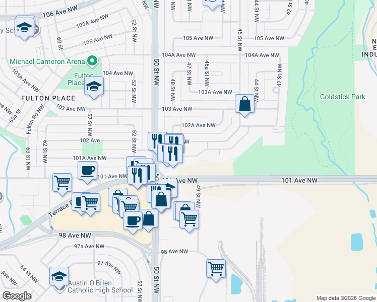 map of restaurants, bars, coffee shops, grocery stores, and more near 4725 102 Avenue Northwest in Edmonton