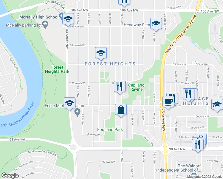 map of restaurants, bars, coffee shops, grocery stores, and more near 10155 80 Street Northwest in Edmonton
