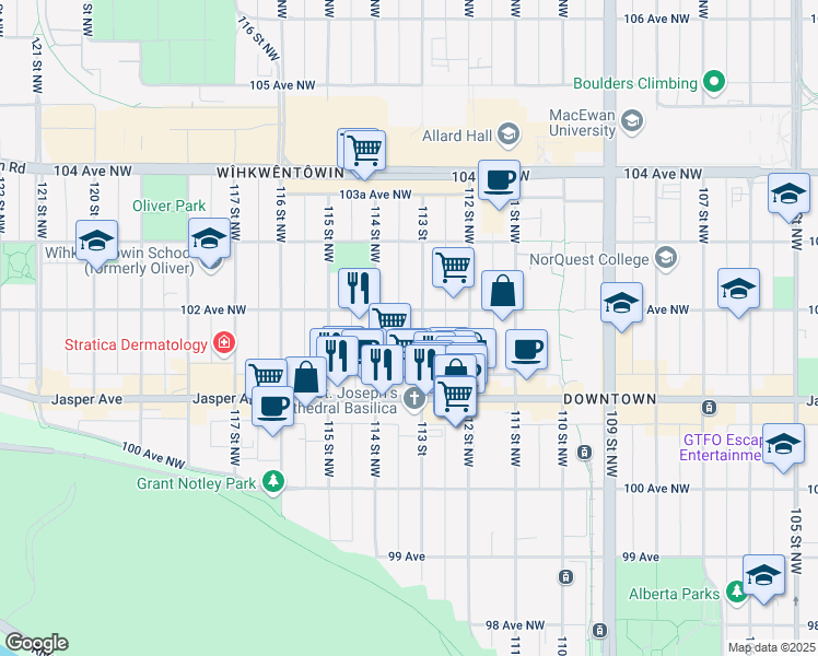 map of restaurants, bars, coffee shops, grocery stores, and more near 10175 114 Street Northwest in Edmonton