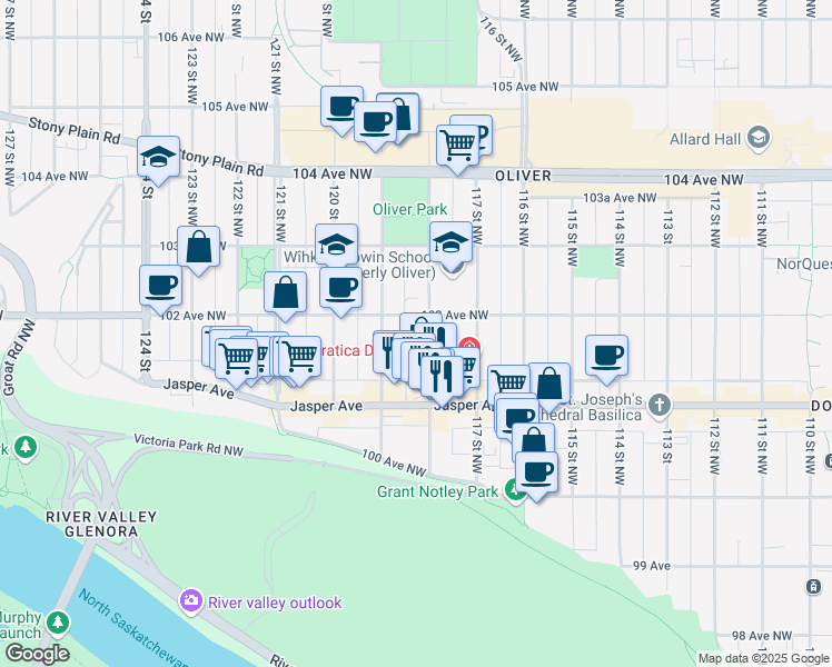 map of restaurants, bars, coffee shops, grocery stores, and more near 10172 118 Street Northwest in Edmonton