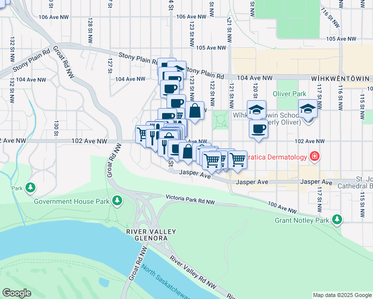 map of restaurants, bars, coffee shops, grocery stores, and more near 10140 123 Street Northwest in Edmonton