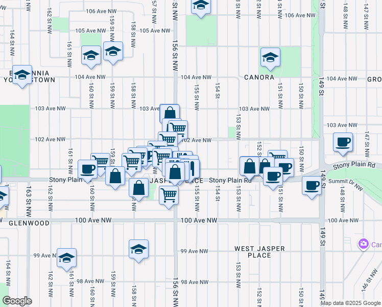 map of restaurants, bars, coffee shops, grocery stores, and more near 10148 155 Street Northwest in Edmonton