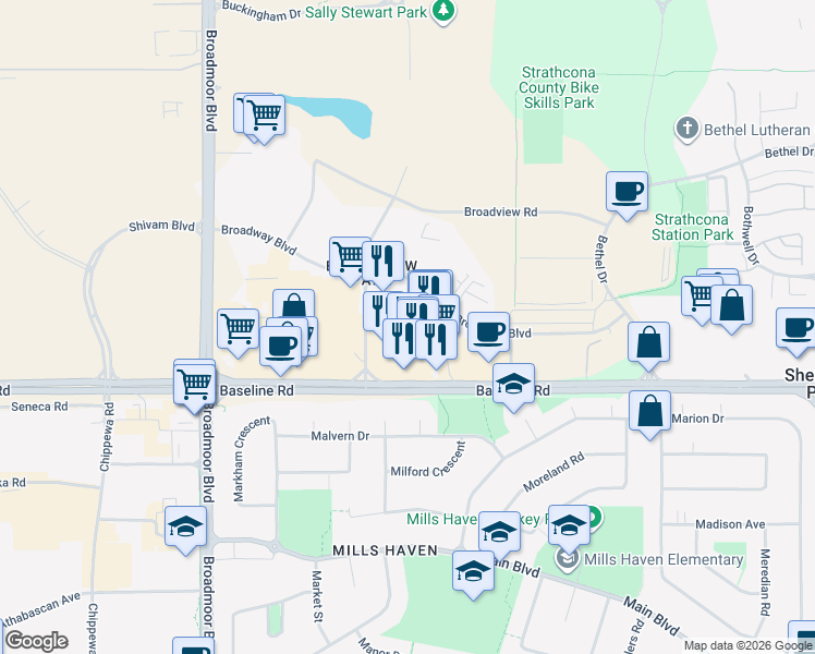 map of restaurants, bars, coffee shops, grocery stores, and more near 160 Broadway Boulevard in Sherwood Park