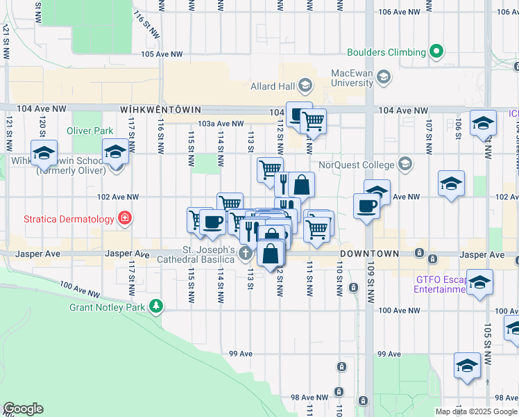map of restaurants, bars, coffee shops, grocery stores, and more near 10175 113 Street in Edmonton