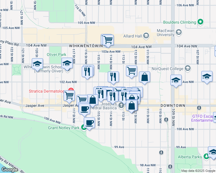map of restaurants, bars, coffee shops, grocery stores, and more near 10160 114 Street Northwest in Edmonton