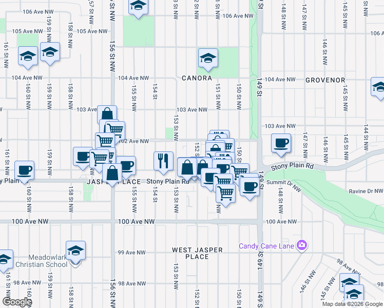 map of restaurants, bars, coffee shops, grocery stores, and more near 10140 152 Street Northwest in Edmonton