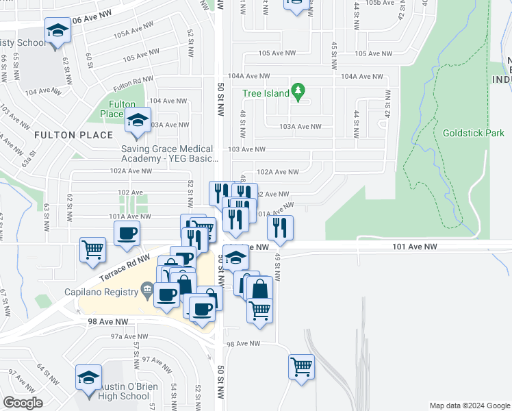 map of restaurants, bars, coffee shops, grocery stores, and more near 4745 102 Avenue Northwest in Edmonton
