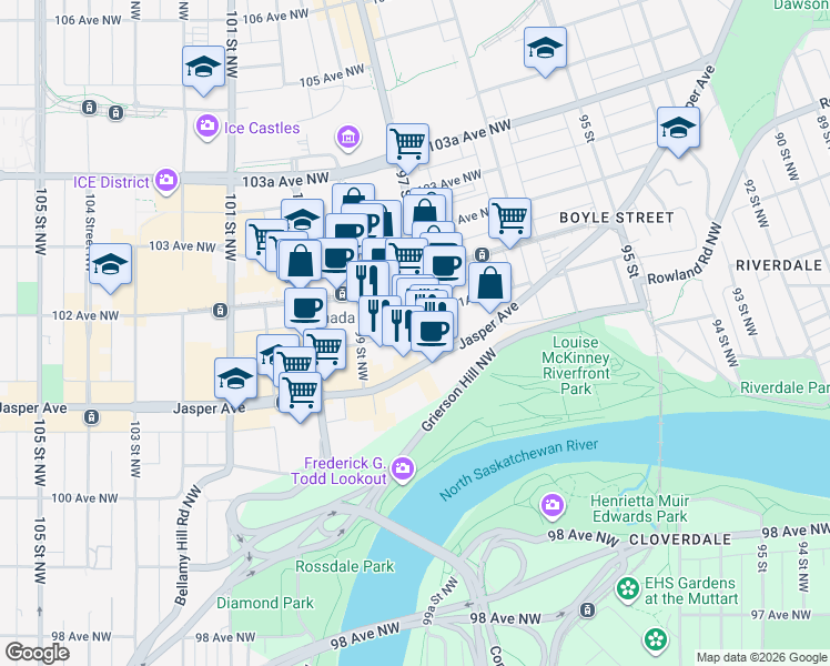 map of restaurants, bars, coffee shops, grocery stores, and more near 9700 Jasper Avenue in Edmonton