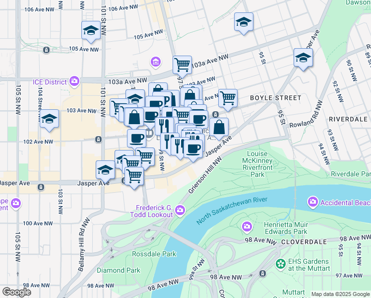map of restaurants, bars, coffee shops, grocery stores, and more near 9700 Jasper Avenue in Edmonton