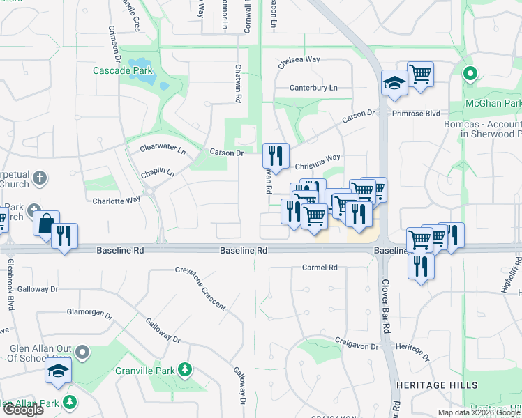 map of restaurants, bars, coffee shops, grocery stores, and more near 40 Cavan Road in Sherwood Park