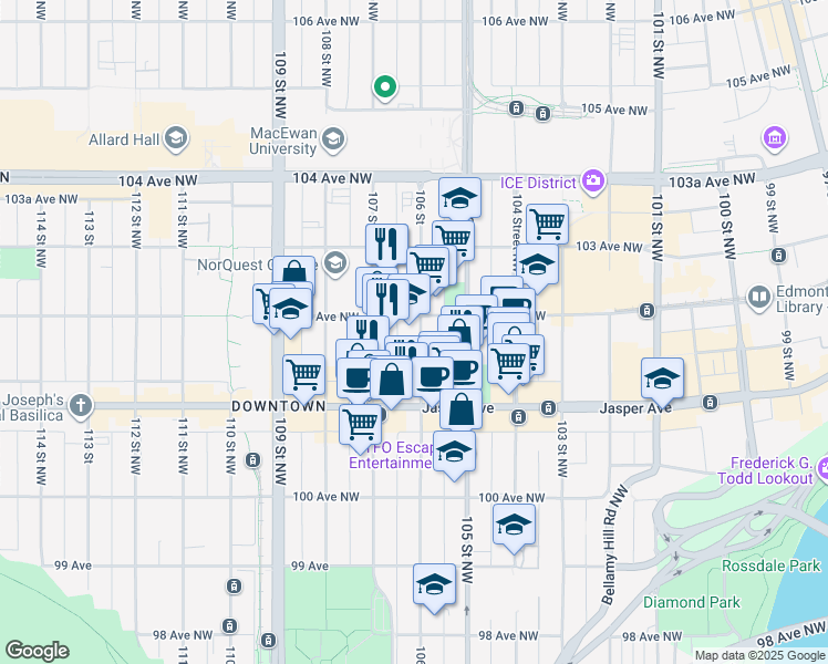 map of restaurants, bars, coffee shops, grocery stores, and more near 10178 106 Street in Edmonton
