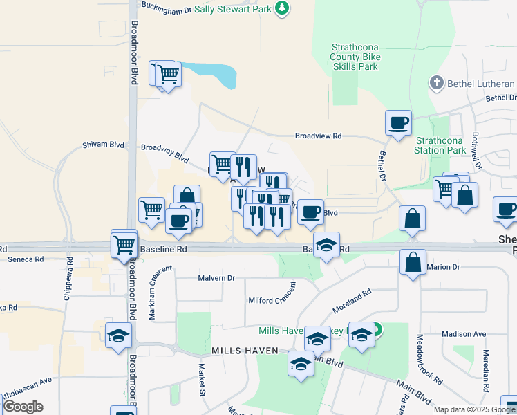 map of restaurants, bars, coffee shops, grocery stores, and more near 160 Broadway Boulevard in Sherwood Park
