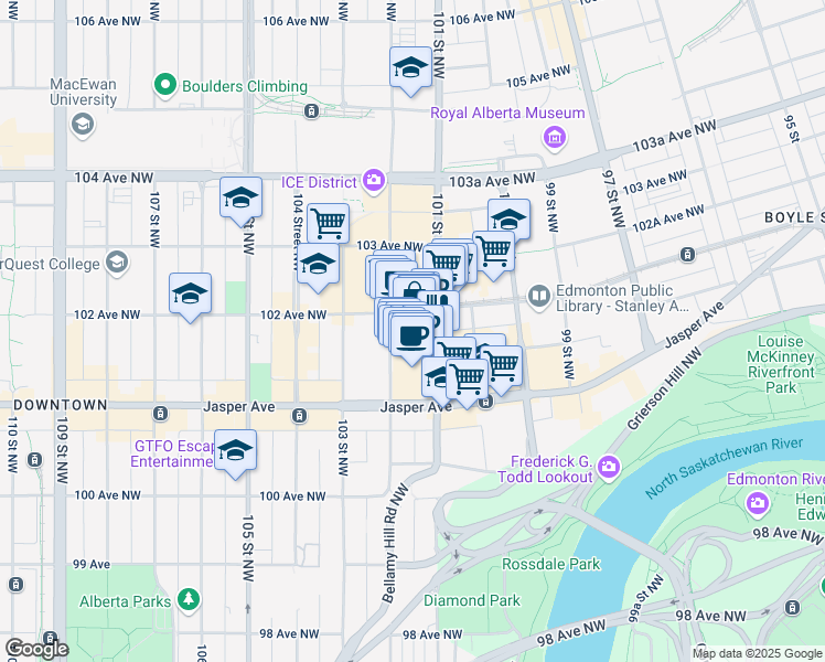 map of restaurants, bars, coffee shops, grocery stores, and more near 10180 101 Street Northwest in Edmonton