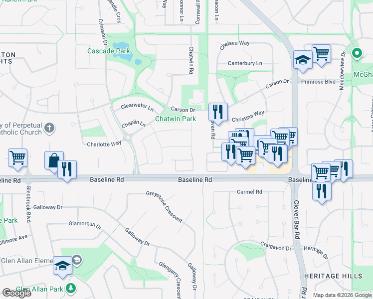map of restaurants, bars, coffee shops, grocery stores, and more near 1 Chestermere Way in Sherwood Park