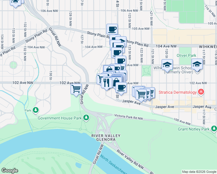 map of restaurants, bars, coffee shops, grocery stores, and more near 10126 124 Street in Edmonton