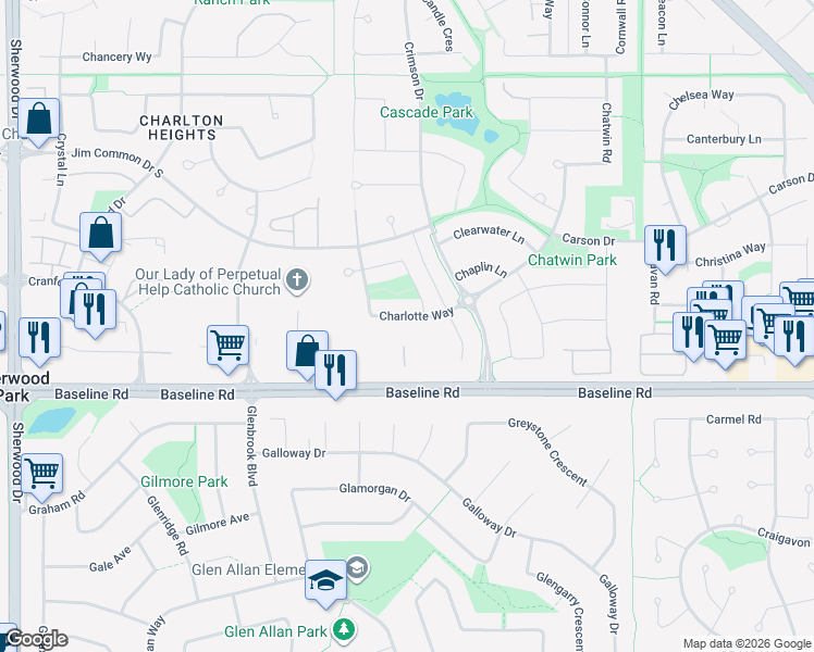 map of restaurants, bars, coffee shops, grocery stores, and more near 219 Charlotte Way in Sherwood Park