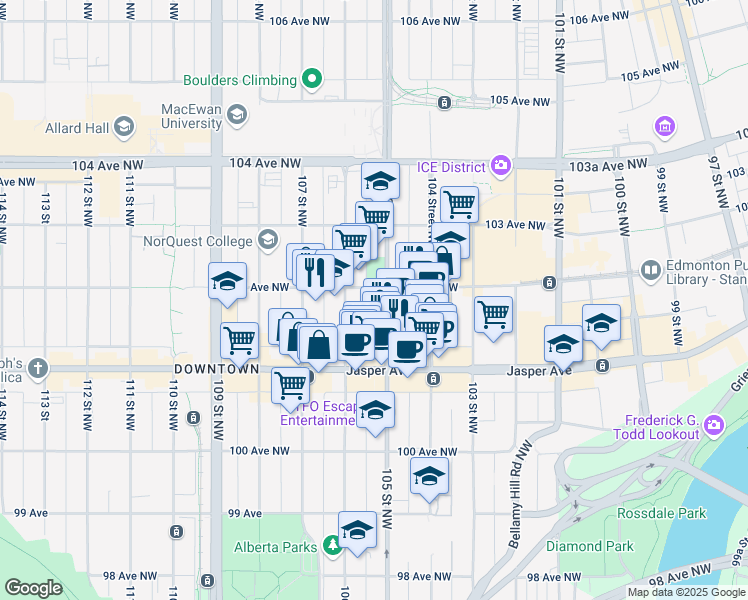 map of restaurants, bars, coffee shops, grocery stores, and more near 10180 105 Street Northwest in Edmonton