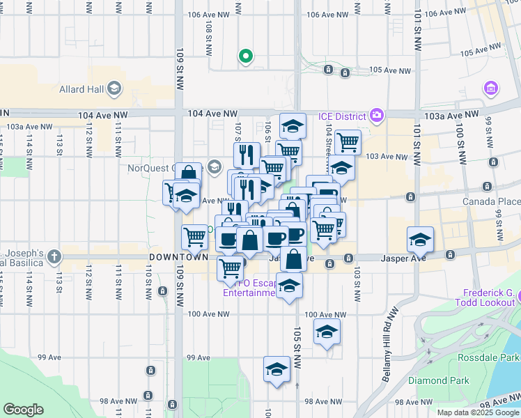 map of restaurants, bars, coffee shops, grocery stores, and more near 10178 106 Street in Edmonton