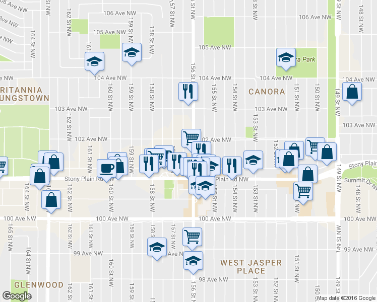 map of restaurants, bars, coffee shops, grocery stores, and more near 10128 156 Street Northwest in Edmonton