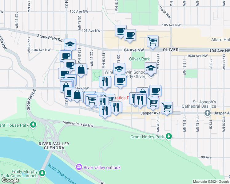map of restaurants, bars, coffee shops, grocery stores, and more near 10170 120 Street in Edmonton