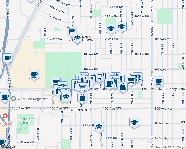 map of restaurants, bars, coffee shops, grocery stores, and more near 10142 162 Street Northwest in Edmonton