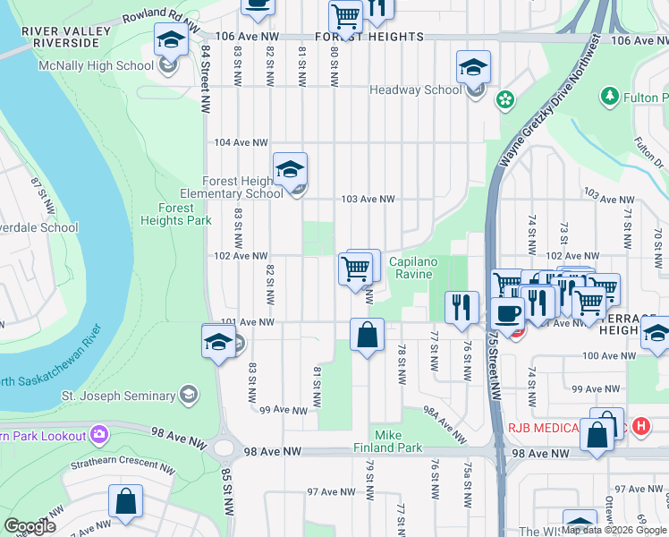 map of restaurants, bars, coffee shops, grocery stores, and more near 10160 80 St in Edmonton