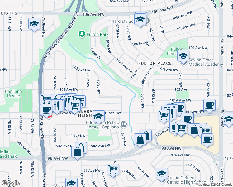 map of restaurants, bars, coffee shops, grocery stores, and more near 6717 101A Avenue Northwest in Edmonton