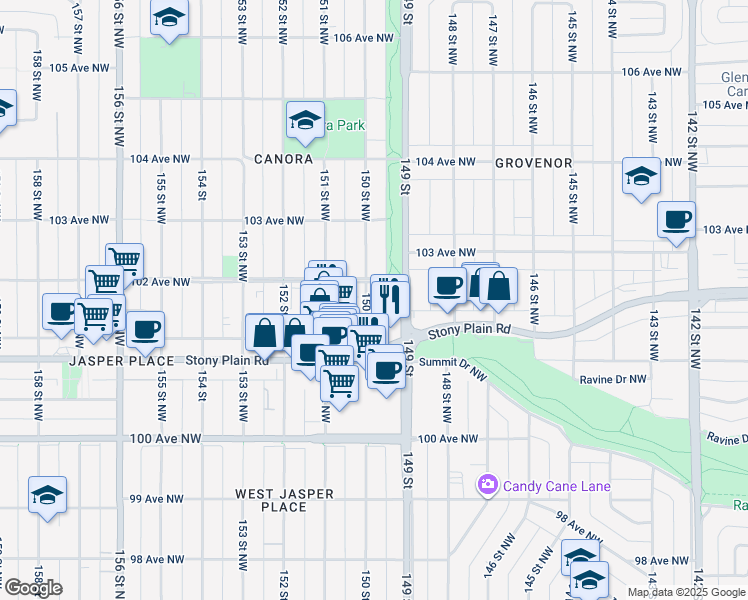 map of restaurants, bars, coffee shops, grocery stores, and more near 10155 150 Street Northwest in Edmonton