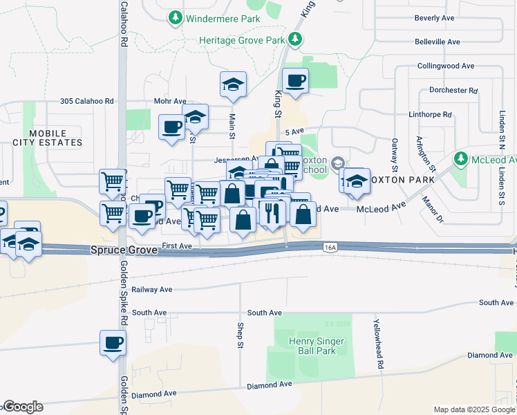 map of restaurants, bars, coffee shops, grocery stores, and more near 2-322 McLeod Avenue in Spruce Grove