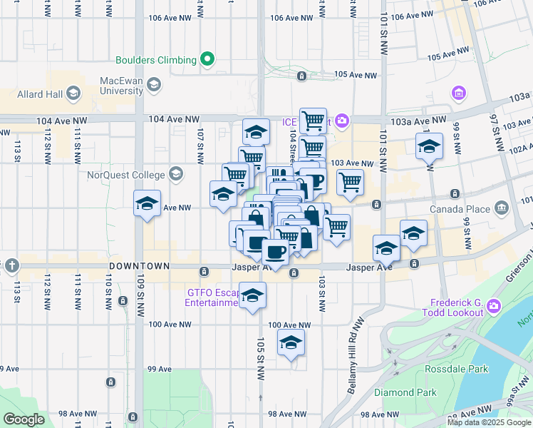 map of restaurants, bars, coffee shops, grocery stores, and more near 10173 105 Street Northwest in Edmonton