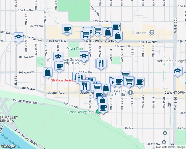 map of restaurants, bars, coffee shops, grocery stores, and more near 10153 117 Street Northwest in Edmonton