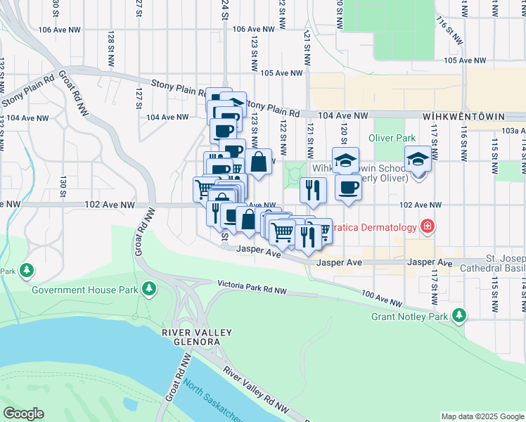 map of restaurants, bars, coffee shops, grocery stores, and more near in Edmonton