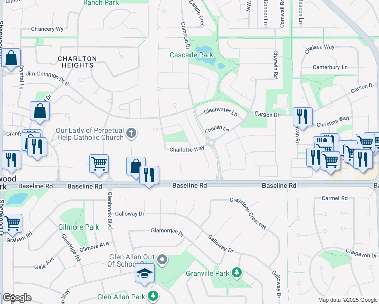 map of restaurants, bars, coffee shops, grocery stores, and more near 2 Charlotte Way in Sherwood Park