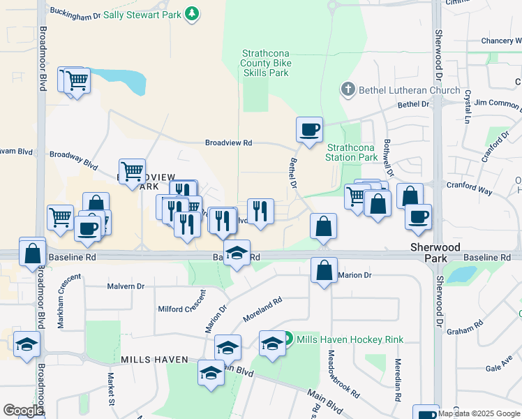 map of restaurants, bars, coffee shops, grocery stores, and more near 650 Bethel Drive in Sherwood Park