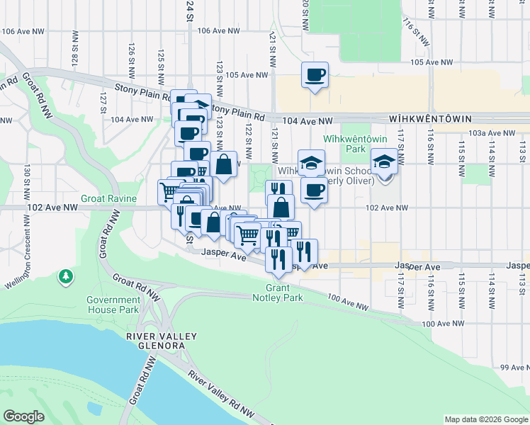 map of restaurants, bars, coffee shops, grocery stores, and more near 12105 102 Avenue Northwest in Edmonton