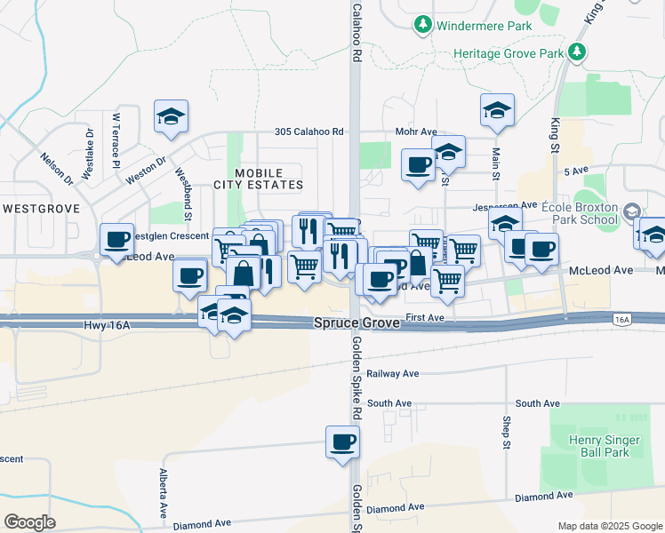 map of restaurants, bars, coffee shops, grocery stores, and more near in Spruce Grove