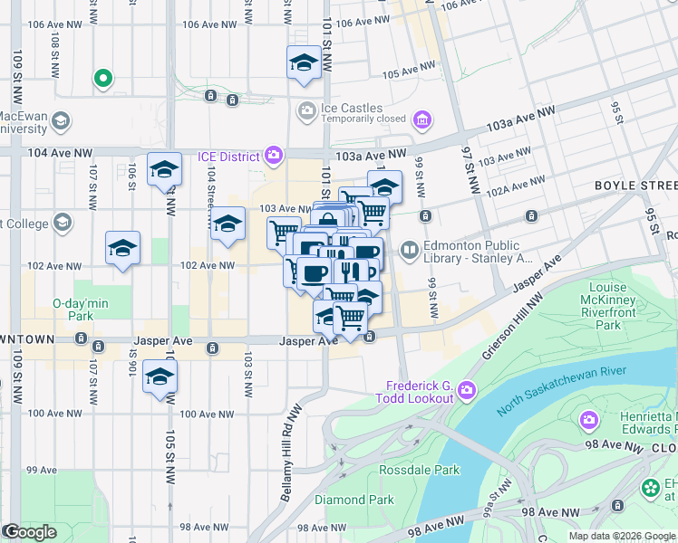 map of restaurants, bars, coffee shops, grocery stores, and more near in Edmonton