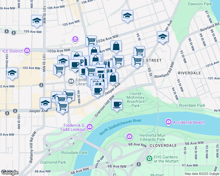 map of restaurants, bars, coffee shops, grocery stores, and more near 9645 Jasper Avenue in Edmonton