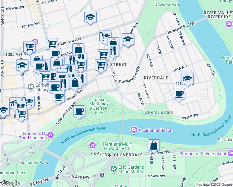 map of restaurants, bars, coffee shops, grocery stores, and more near 9507 101 Avenue Northwest in Edmonton
