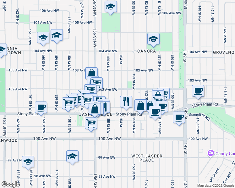 map of restaurants, bars, coffee shops, grocery stores, and more near 10130 154 Street in Edmonton