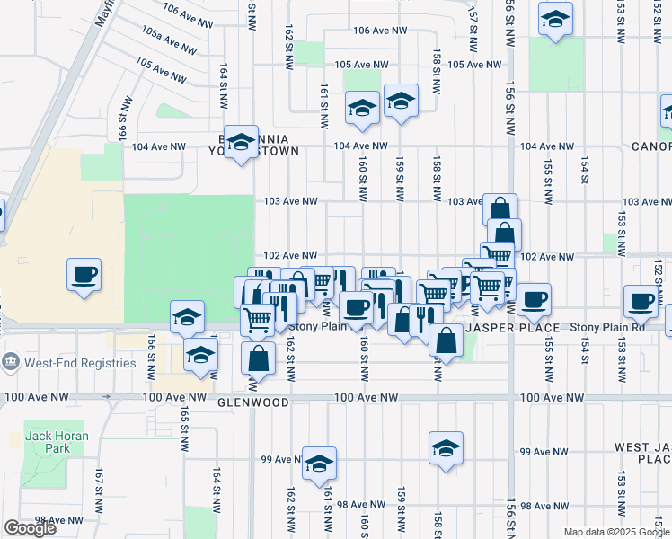 map of restaurants, bars, coffee shops, grocery stores, and more near 10136 160 Street Northwest in Edmonton