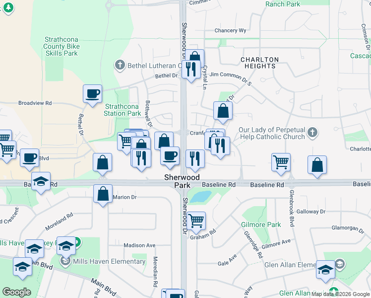 map of restaurants, bars, coffee shops, grocery stores, and more near 85 Sherwood Drive in Sherwood Park
