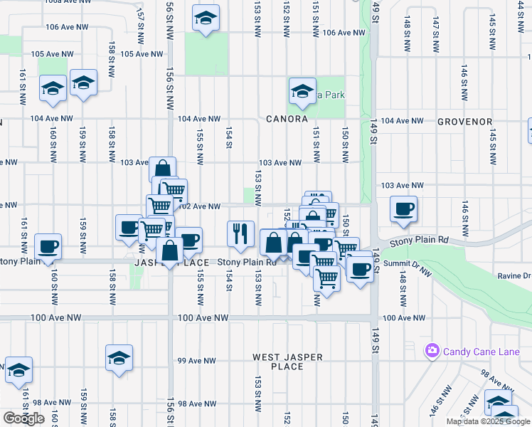 map of restaurants, bars, coffee shops, grocery stores, and more near 10135 153 Street Northwest in Edmonton