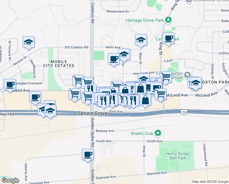 map of restaurants, bars, coffee shops, grocery stores, and more near 122 Church Road in Spruce Grove