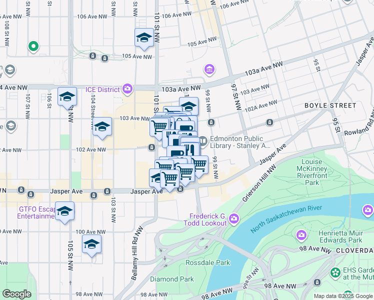 map of restaurants, bars, coffee shops, grocery stores, and more near in Edmonton