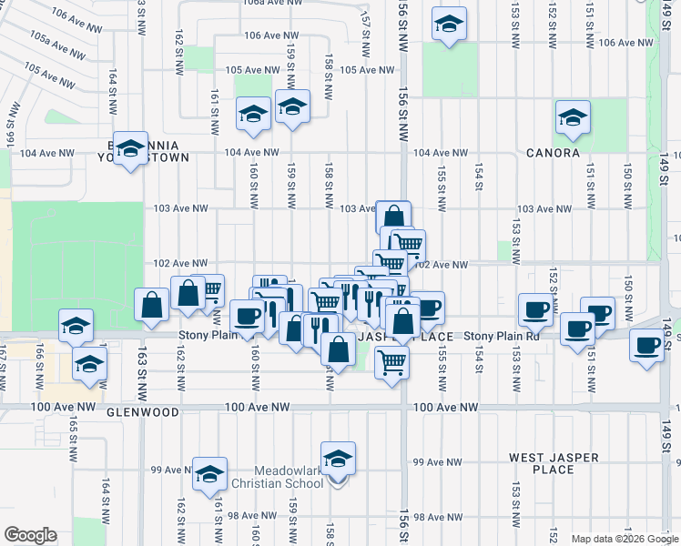 map of restaurants, bars, coffee shops, grocery stores, and more near 10139 158 Street Northwest in Edmonton