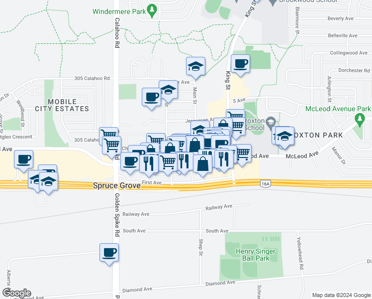 map of restaurants, bars, coffee shops, grocery stores, and more near 224 Church Road in Spruce Grove